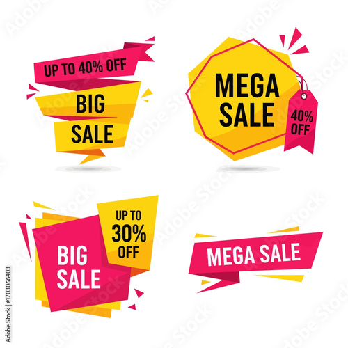 Four yellow and pink sale banners with various discount offers.