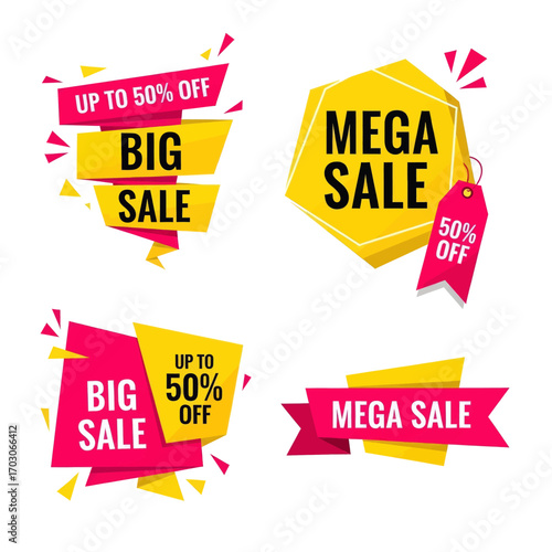 Collection of four colorful sale banners and tags advertising big sales and discounts up to 50% off.