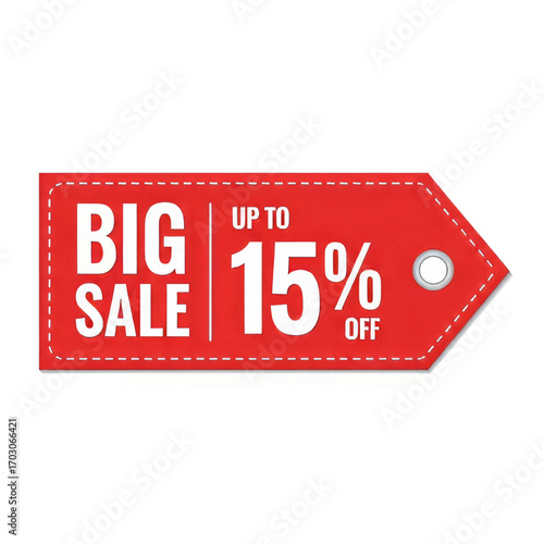 Red sale tag with white text indicating a big sale with up to 15% off discount.