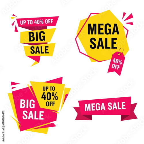 Image featuring four different sale banners with text indicating discounts and promotions.