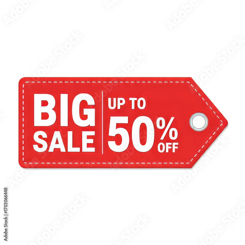Red retail price tag advertising a big sale with a discount of up to 50 percent off.