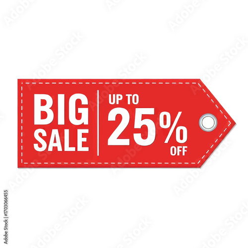 Red big sale tag with "UP TO 25% OFF" text, featuring a dashed border and a silver eyelet.