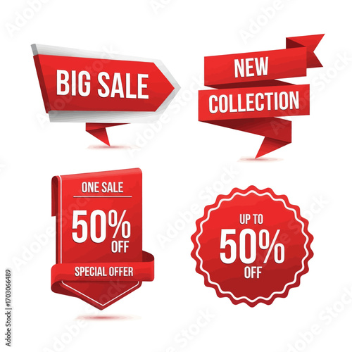 Four red promotional sale banners and labels.