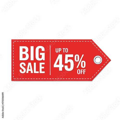 A red promotional price tag advertising a big sale with a discount of up to 45 percent off, isolated on a white background.