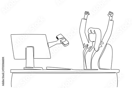 Continuous one line drawing hands out of the monitor screen while holding a stack of banknotes. Happy. Enthusiastic. Monthly bonus. Things from Screen. Single line draw design vector illustration