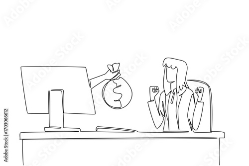 Single one line drawing hands out of the monitor screen while holding a money bag. Get additional business capital in cash. Exciting. Things from Screen. Continuous line design graphic illustration