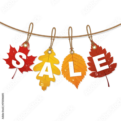 Autumn leaves in red, yellow, and orange colors hang on a string, spelling out the word SALE with white letters.