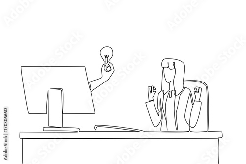Single continuous line drawing hands out of the monitor screen while holding a bulb lamp. The joy of a brilliant idea. Solutions for business. Things from Screen. One line design vector illustration