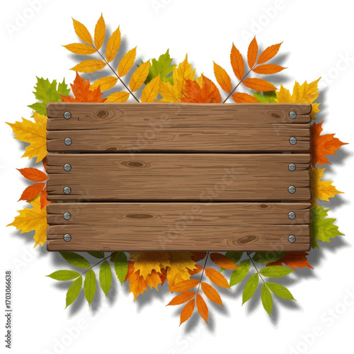 Wooden sign surrounded by colorful autumn leaves, perfect for fall-themed announcements.