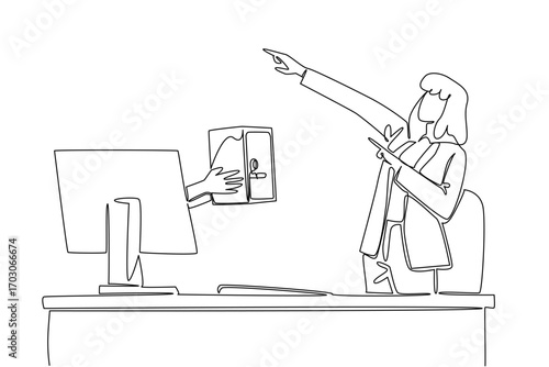 Single one line drawing hands out of the monitor screen while holding a safe deposit box. The safest place to store all the successes. Things from Screen. Continuous line design graphic illustration