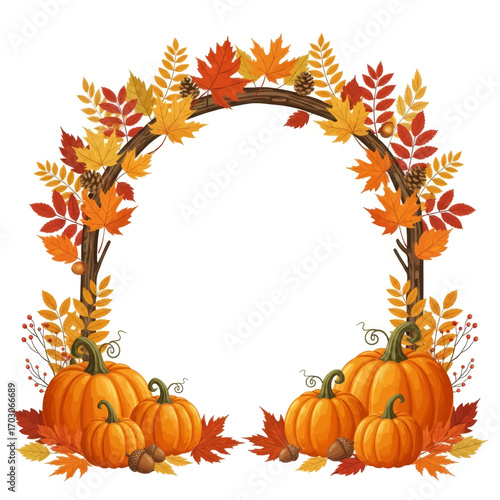 Autumnal archway decorated with leaves, branches, pumpkins, and acorns.