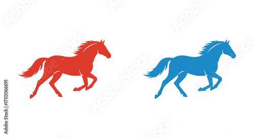 two horses galloping side by side in red and blue colors