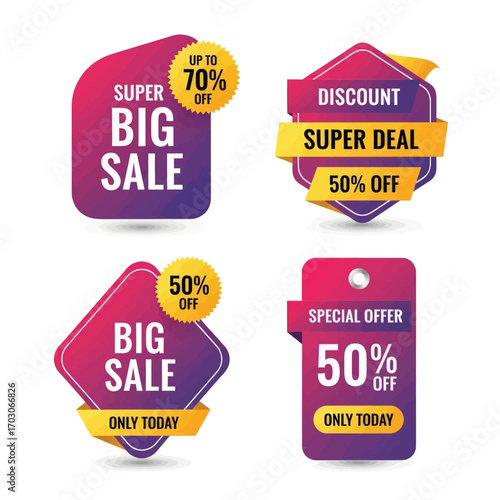 Collection of colorful vector sale and discount tags with percentage off offers and special deals.