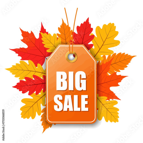 Autumn Big Sale Tag with Colorful Leaves.