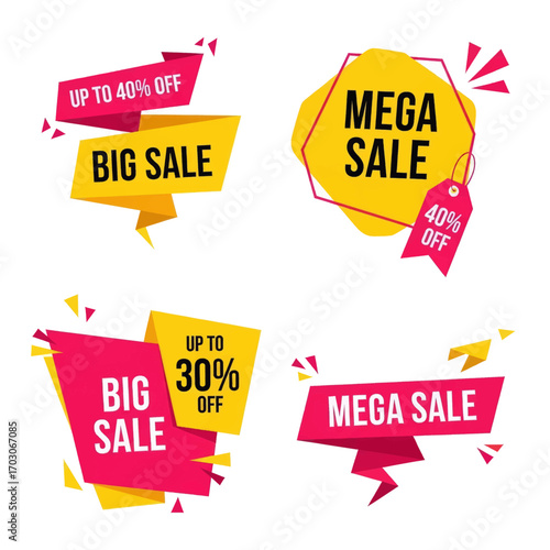 Promotional sale banners with text, discounts, and vibrant colors for marketing and advertising.