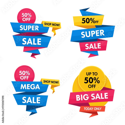 Collection of colorful sale banners with discounts and promotional messages.