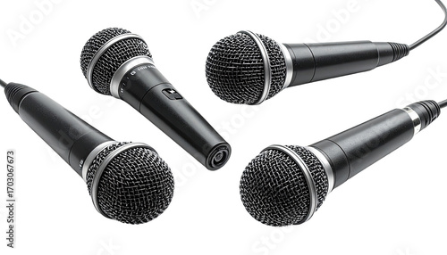 Four black microphones angled in a group