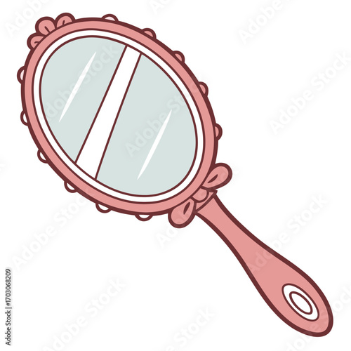A pink hand mirror with an oval shape, featuring a decorative frame with small dots and a bow near the handle. The mirror has a reflective surface with a slight crack or line running vertically.