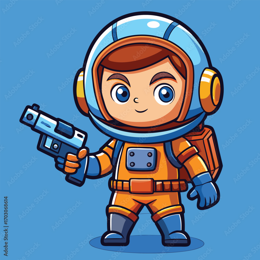 Fototapeta premium Adorable chibi astronaut holding a blue laser gun, wearing an orange space suit and helmet. Perfect for space-themed cartoons, character designs, or futuristic mascot art.