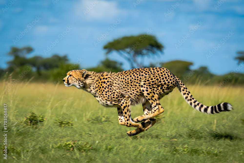 Obraz premium A spotted cheetah, the fastest big cat, hunting in the wild savannah of Serengeti National Park