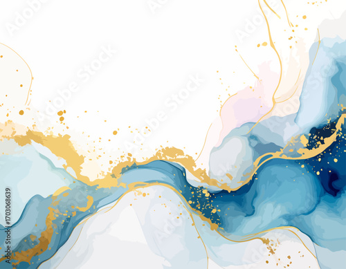 Abstract flowing blue and gold ink art with white space.