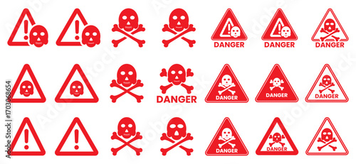 Danger Icon silhouette set. Red caution label with skull and crossbones warning message symbol shape. Flat style danger symbol shape