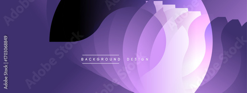 Abstract purple waves create dynamic background. Overlapping layers suggest depth, modern design elements present. Smooth gradients enhance visual appeal.