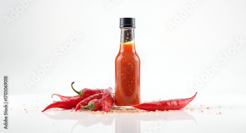 Hot sauce bottle with red chili peppers and spices on white background