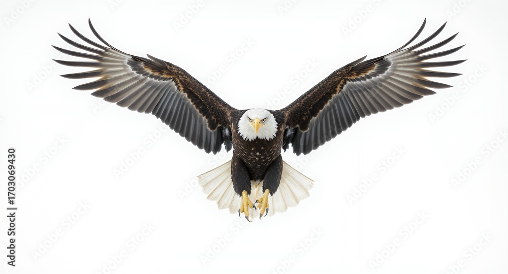 Obraz premium Majestic Bald Eagle in Flight, Wings Spread Wide, Isolated on White Background