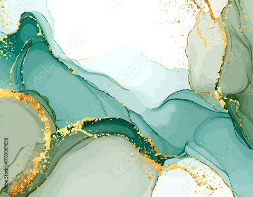 abstract teal and gold marbled design.