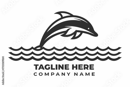 Dolphin Leaping Silhouette Icon on Water Waves with White Background Design