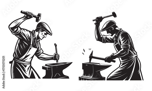 Blacksmith Illustration Set – Anvils, Hammers, Forging Workers & Metalworking Art