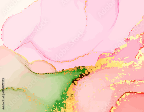 Abstract painting of pink and green swirls with gold accents.