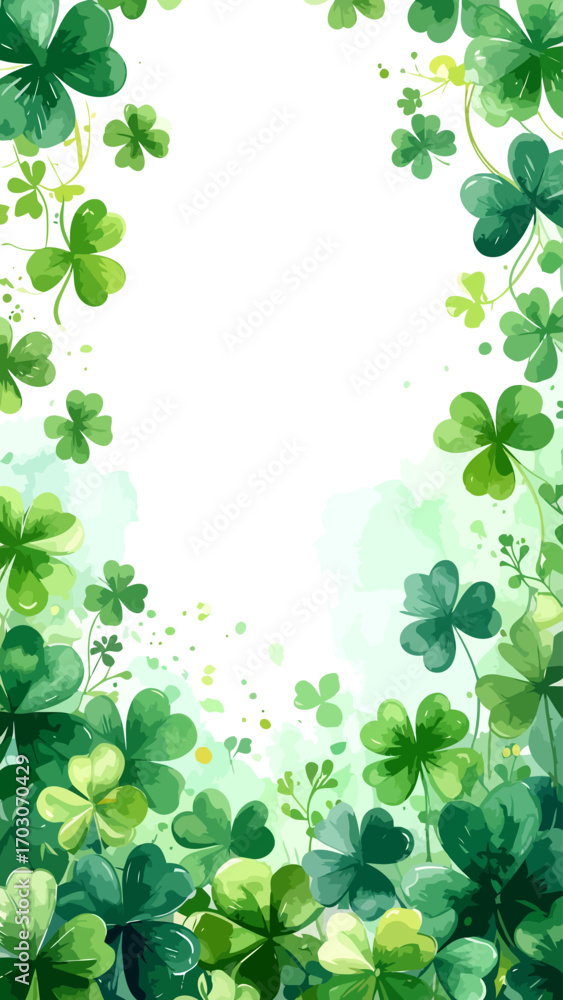 Fototapeta premium Vibrant green shamrock and clover leaves watercolor illustration.