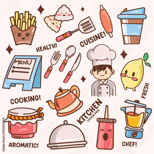 Kitchen cute doodle vector sticker collection
