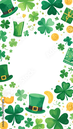 St. Patricks Day themed design with leprechaun hats, clovers, and gold coins.