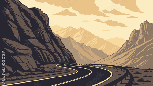 A winding mountain road curves through a dramatic, arid landscape under a hazy, sepia-toned sky.