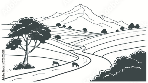 A serene landscape featuring rolling hills, a winding river, grazing cows, and a majestic mountain in the background.