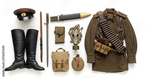 A vintage military uniform and gear lay flat.