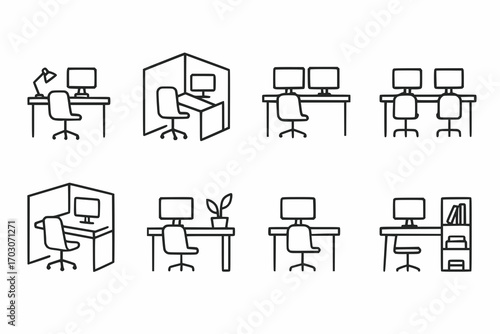 Minimalist line icons of office workstations and desks