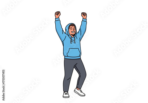 Man in blue hoodie raises arms in triumph, suitable for sport, success, victory concept in web designs, social media posts.
