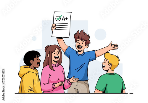 Happy student holds up their a grade, impressing friends. Suitable for educational concepts or student achievementrelated designs. Exciting and motivational.