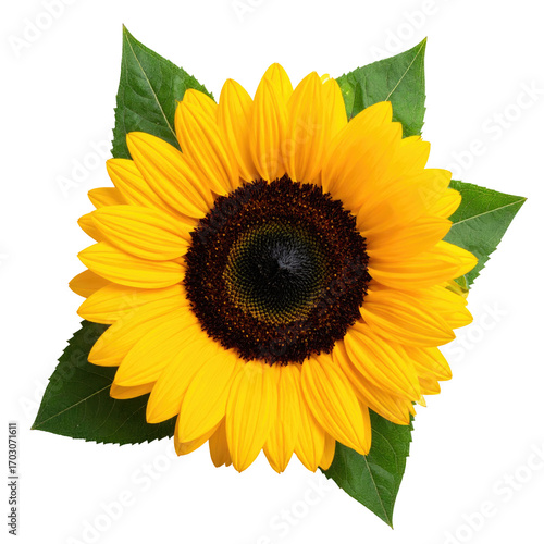 Close-up of a vibrant sunflower with leaves
