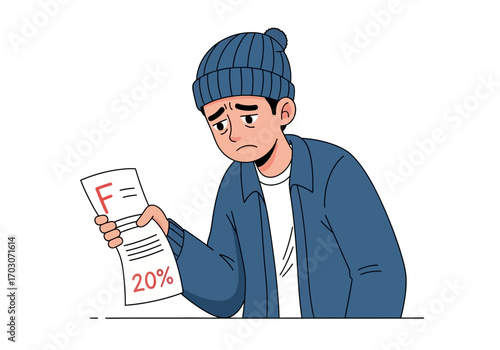 Somber boy looks at a failing 20 test grade. Suitable for educational or mental healthrelated materials targeting academic struggles.