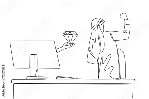 Single continuous line drawing hands out of the monitor screen while holding a diamond. Success produces luxury. Smart worker. Excited. Happy. Things from Screen. One line design vector illustration