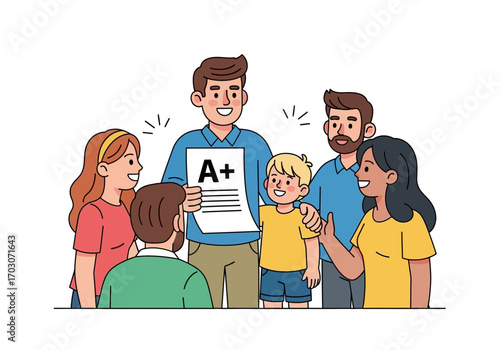 Family celebrates childs a grade with smiles and joy. Suitable for educational or familyrelated designs and marketing materials.