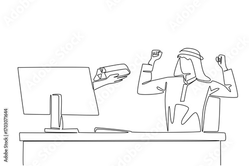 Continuous one line drawing hands out of monitor screen while holding a gold stack. Gold mining entrepreneurs who always make a profit. Things from Screen. Single line draw design vector illustration