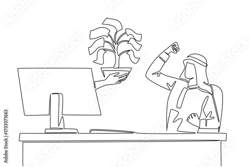 Single one line drawing hands out of the monitor screen while holding money tree with leaves made of banknotes. Symbolism of investment. Things from Screen. Continuous line design graphic illustration