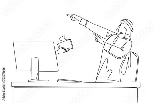 Continuous one line drawing hands out of monitor screen while holding a wallet with some money coming out. Investing to develop business.Things from Screen. Single line draw design vector illustration