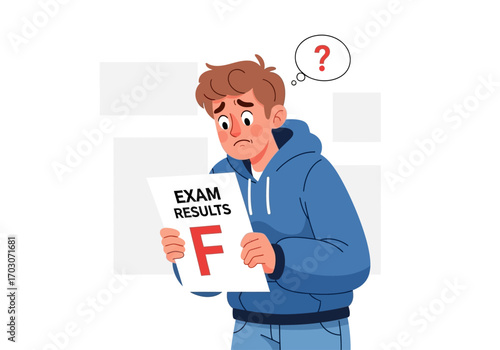 Worried student checking exam results, looking stressed. Suitable for educational concepts, tutoring services, academic stress articles, education websites.